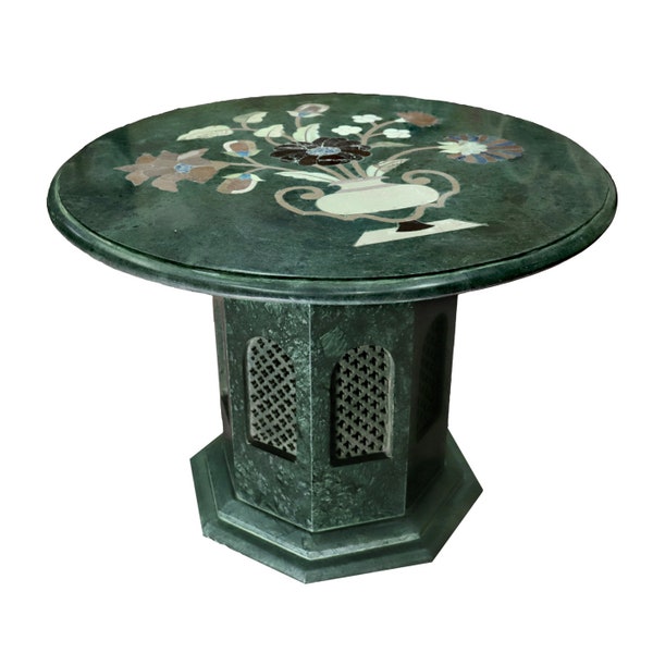 Coffee Table in Round Shape, Green Marble Coffee Table Top is Inlaid with Semi Precious Stones for Living Room Table, Table for Home decor