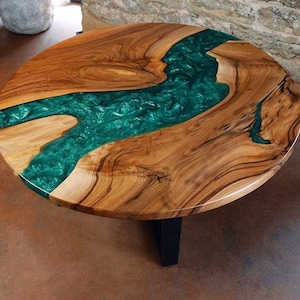 Round wooden epoxy table top in green river  / Circular Table Top for office / Wooden Epoxy Table for living room Idea