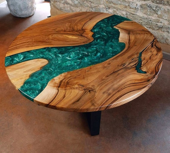 Round Green Epoxy Table, Natural Wood Furniture ,Handcrafted Wooden Coffee  Table