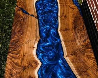 Acacia Wood Epoxy Table Top: Blue Resin River Table