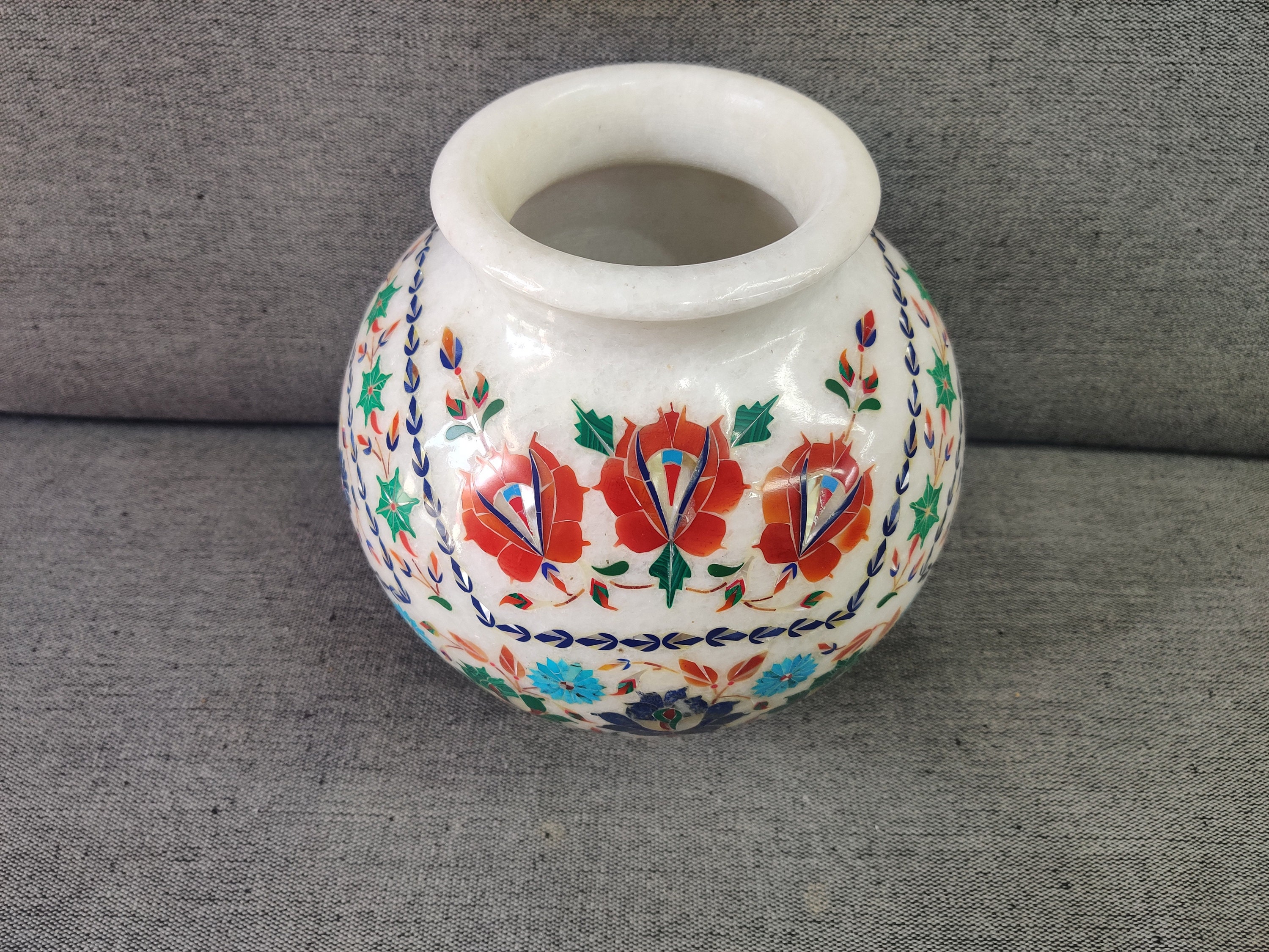 ホワイトマーブルフラワーポット：インド象嵌花瓶、ホーム