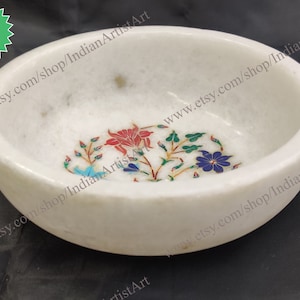 Weisse Marmor Inlay Schale: Indische Handgemachte Steinkunst