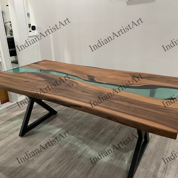 インド製木製ガラストップテーブル 木製エポキシダイニングテーブルトップ / インド製ハンドメイド家具