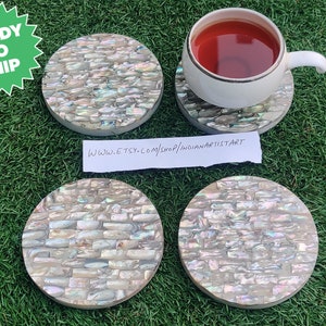 Shell Coasters for Christmas gifts / Round Shape Coasters in white marble with MOP overlay work / Indian Handmade Coasters set for Gifts