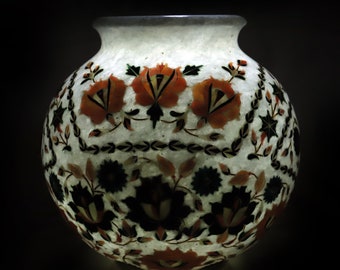 ホワイトマーブルフラワーポット：インド象嵌花瓶、ホーム