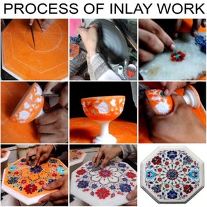 May include: A collage showing the process of inlay work. The images depict various stages, from initial design on an orange surface to the final product. The finished piece is a white octagonal table with a floral design in red, blue, and white.