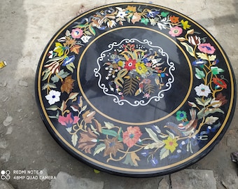 Black Marble Coffee Table Top: Handmade Pietra Dura Inlay Art