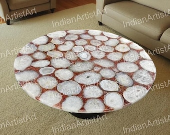 White Agate Table Top: Natural Geode Slice Stone Center Table
