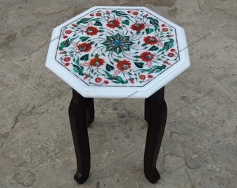 Marble Table Top / Inlay Marble Table / Small Coffee Table in white marble / Indian Handmade Table Top / Marble inlay Table top with parrot