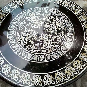 Black Marble Table Top: Pietra Dura Bird Design, India Made