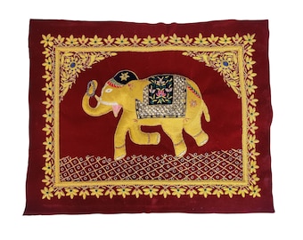Elephants wall Hanging Jewel Carpets, Gifts for Elephants Lovers, Zardozi and Silk Embroidery wall Panel, Indian Crafts by Needle and Thread
