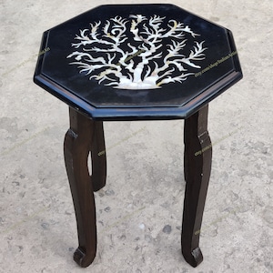 Mother of Pearl Inlay Table Top: Tree of Life Design, Mango Wood Stand