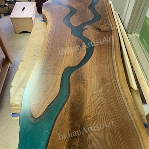 Epoxy green river design dining table top / handmade wood table top with green epoxy river / outdoor table top / indoor table top