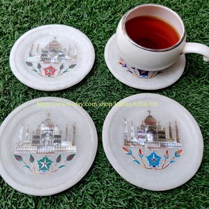 Marble Coaster Set of 4: Taj Mahal Inlay, Semi-Precious Stones