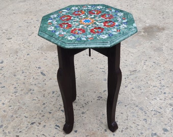 Green Marble End Table Top with Wooden Stand / Small Size Bed Table Top / Granite Stone Inlay Art Table / Handmade Green Marble Table Top