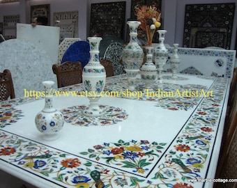 White Marble Inlay Dining Table Top: Floral Peacock Design