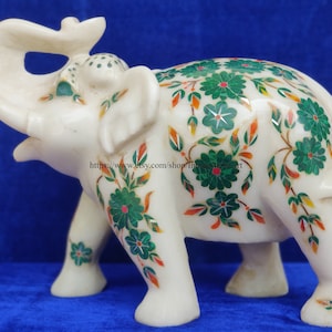 Handmade Marble Elephant Figurine: Malachite Inlay Art