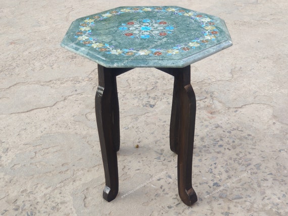 Handmade Green Marble Table Top: Inlay Art Pietredura, Free Mango Wood Stand