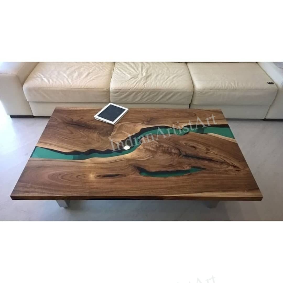 Epoxy Sofa Table Top in Green Color Pigment / Handmade Wood and Epoxy