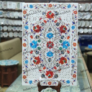 White Marble Tray: Handmade Inlay with Lapis Lazuli & Jasper (12 X 18 Inch)