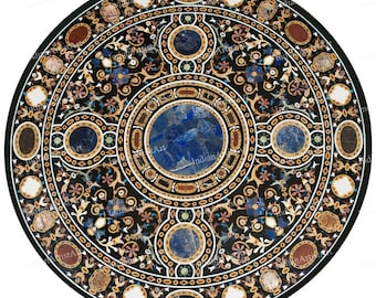 Pietra Dura Black Marble Dining Table Top: Semi Precious Stone Inlay