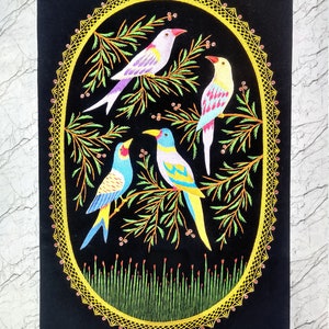 Hand Embroidered Silk Bird Tapestry: Zardozi Velvet Wall Art