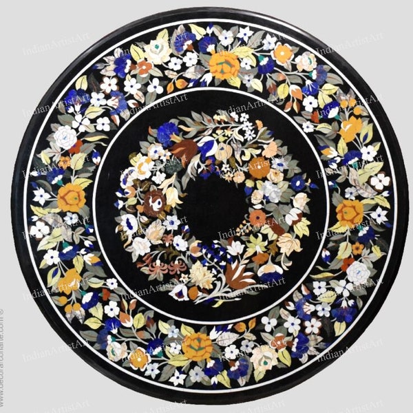 Pietra dura table top in round shape / Italian Design Dining Table in Black Marble / Dining Table top for family present / Marble Inlay Top