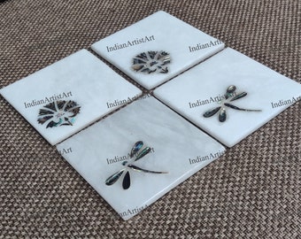 Dragonfly Design Tea Coasters in White Marble Inlaid with Shining Abalone / Marble Coasters for Corporate Gifts / Flower Design Coaster