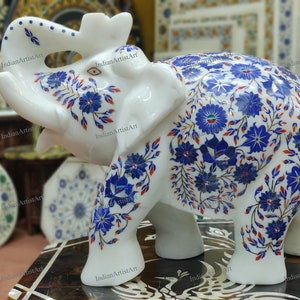 White Marble Elephant Figure for Home Decoration / Blue Elephants Figurine Inlaid with Lapis Lazuli