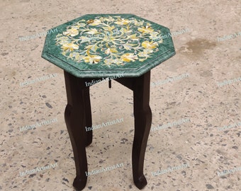 Green Marble Table Top / MOP inlay art table top with complimentary wooden stand / Handmade bedside table / marble furniture online shop