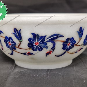 White Marble Bowl: Lapis Lazuli Inlay, Indian Home Decor (4x4x2 Inches)