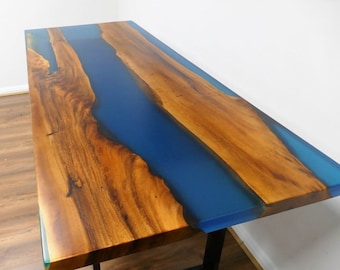 Acacia Wood Epoxy Table Top: Blue River Resin, Handmade Furniture