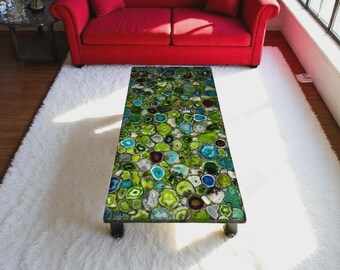 Mesa de comedor de ágata verde mixta: mesa de centro moderna de mediados de siglo con piedras preciosas