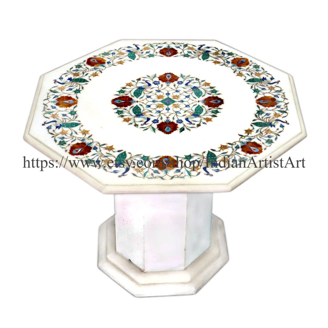 ホワイトマーブルコーヒーテーブルトップ：孔雀と花の象嵌細工（61 cm