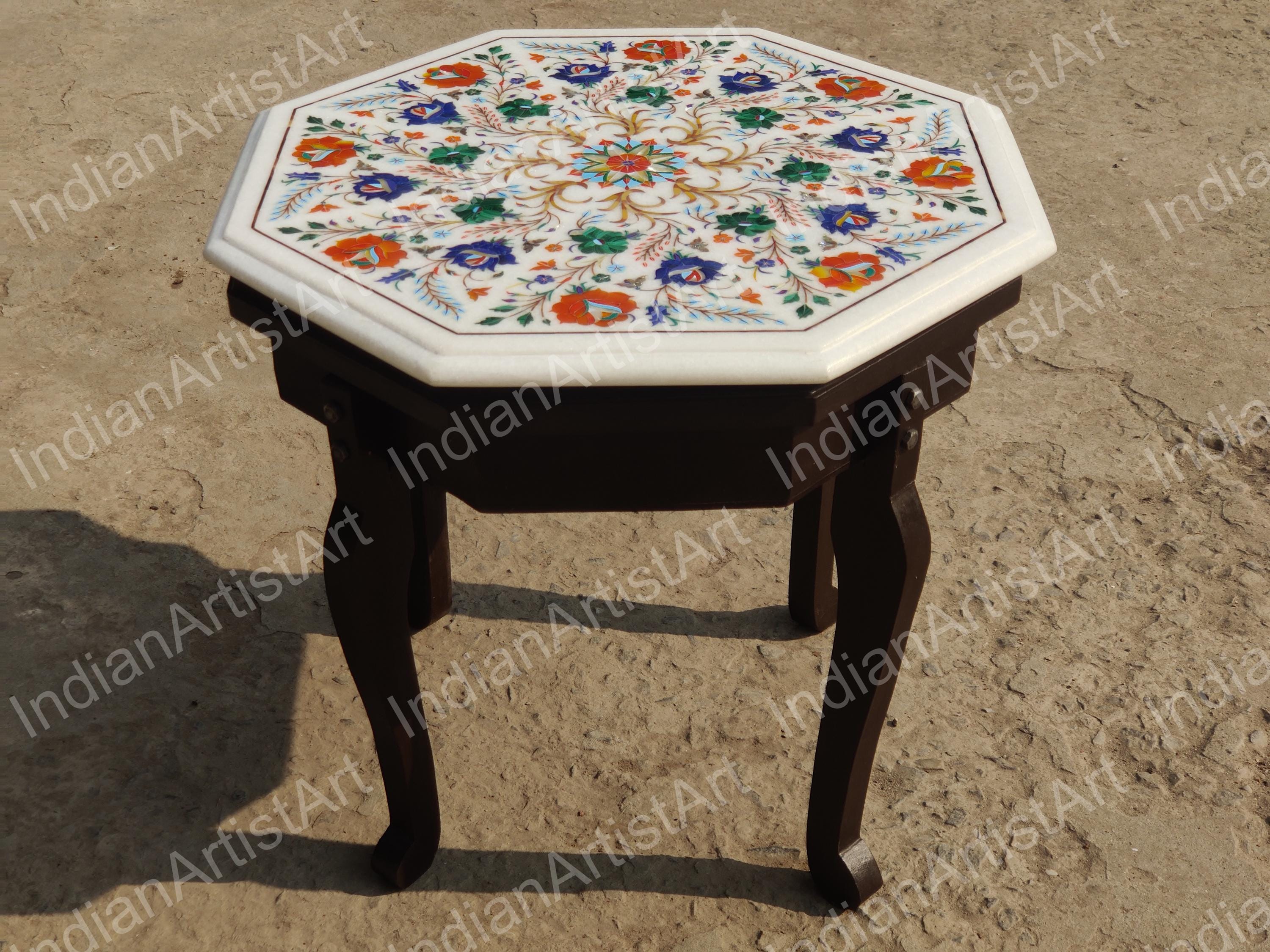 手作りの白い大理石のコーヒーテーブルトップ：八角形のタージ・マハル