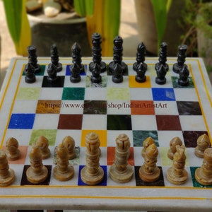 Handmade Marble Chess Set: Stone Pieces, Queen&#39;s Gambit Style