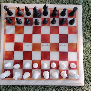 Handmade Red Onyx & Marble Chess Set: Vintage Home Decor