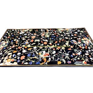 Black Marble Dining Table Top: Pietra Dura Flower Inlay Art
