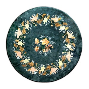 Green Marble Table Top: Round Inlay Art with Grapes (2ft-5ft)