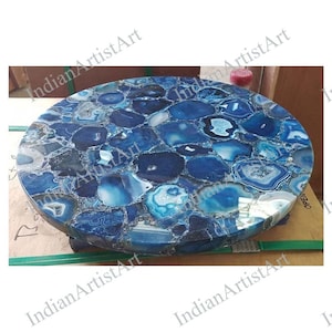 36&quot; Round Dining Table Top Made in Blue Agate Stone, Natural Hard Stone Blue Agate Dining Table