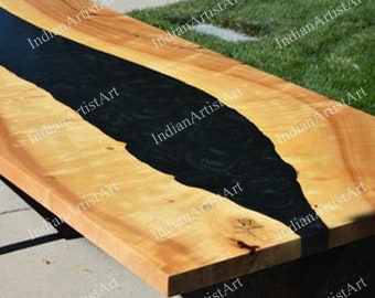 Acacia Wood Epoxy Table Top: Black Resin River Dining Table