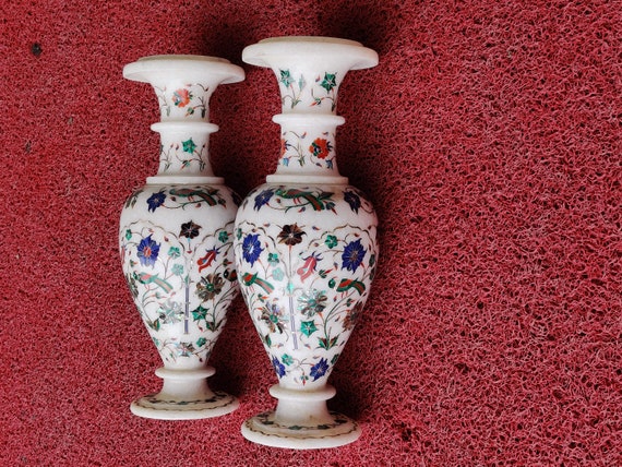 工芸品 Flower base marble color White Marble Flower Vase: Handmade Pietredura Inlay Art