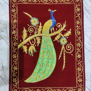 Embroidered Peacock Wall Art: Zardozi Velvet Home Decor