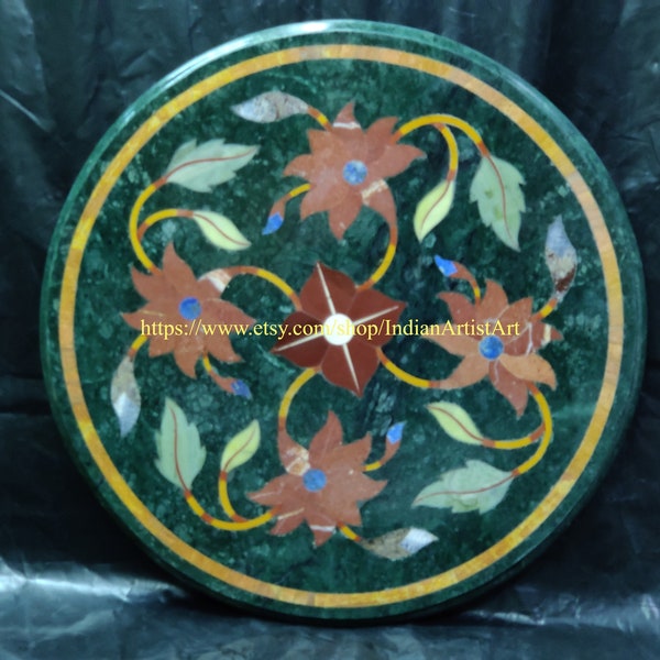 Green Marble Coffee Table Top is Inlaid with Semi Precious Stones for Living Room Table, Coffee Table in Round Shape,  Table for Home decor
