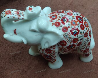 大理石　象の置物 白大理石の象の置物：象嵌半貴石アート - Etsy 日本