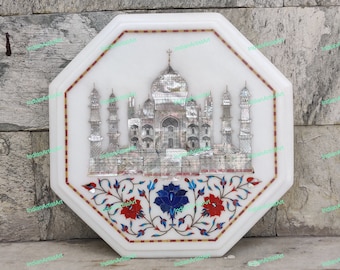 White Marble Table Top with Taj Mahal Picture / Mother of Pearl and Blue Lapis Lazuli Stones Inlaid / Small Size Table Top with Stand