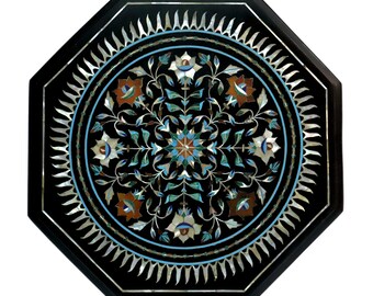 Piano del tavolo in marmo nero: design intarsiato Taj Mahal, arredamento indiano (17" x 17")