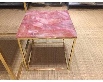 Handmade Rose Quartz End Table: Pink Stone Top, Square Shape