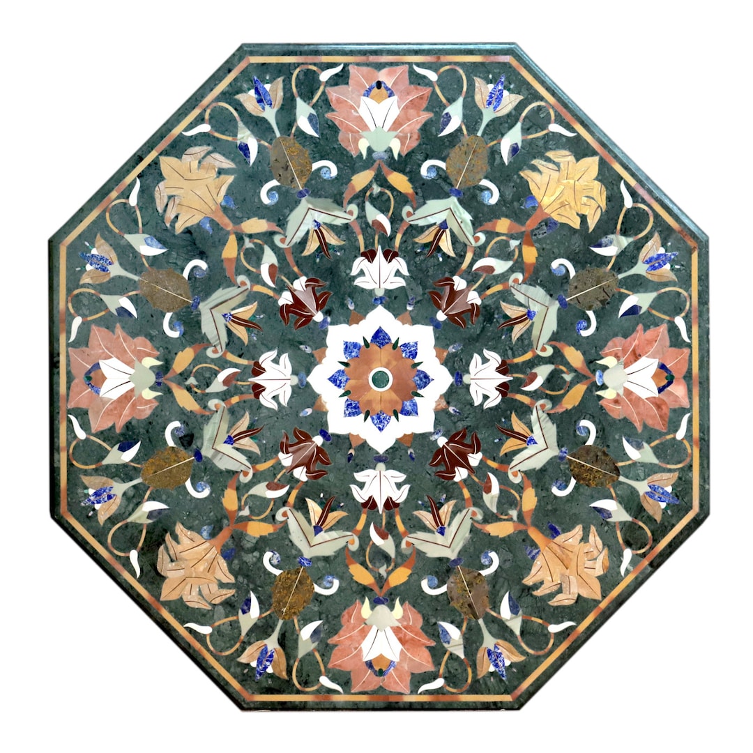 Marble 8 Seater Table Top / Green Marble Inlay Art Table Top for Garden
