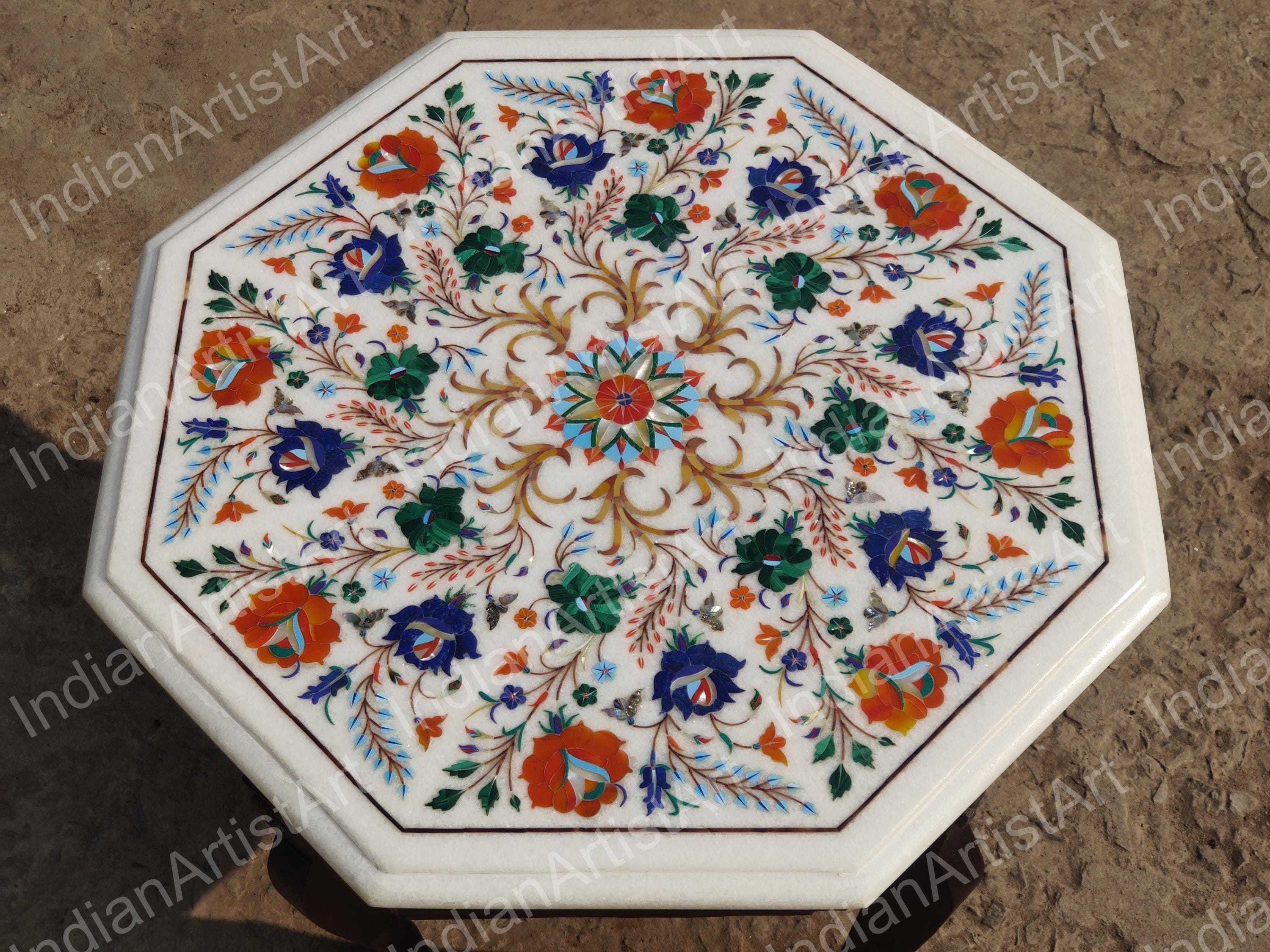 手作りの白い大理石のコーヒーテーブルトップ：八角形のタージ・マハル